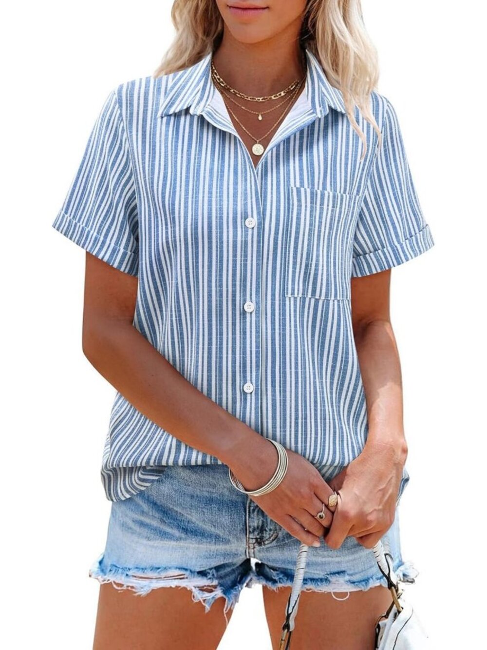 Women's Short Sleeve Linen Button Down Shirt - Casual Summer Beach Top, Western